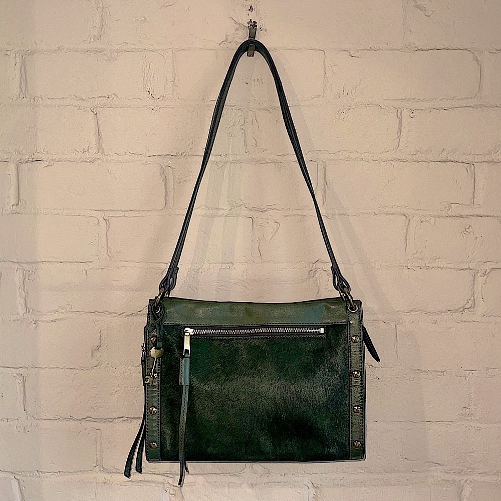 Fossil Allie army green boho satchel leather purse with calf hair